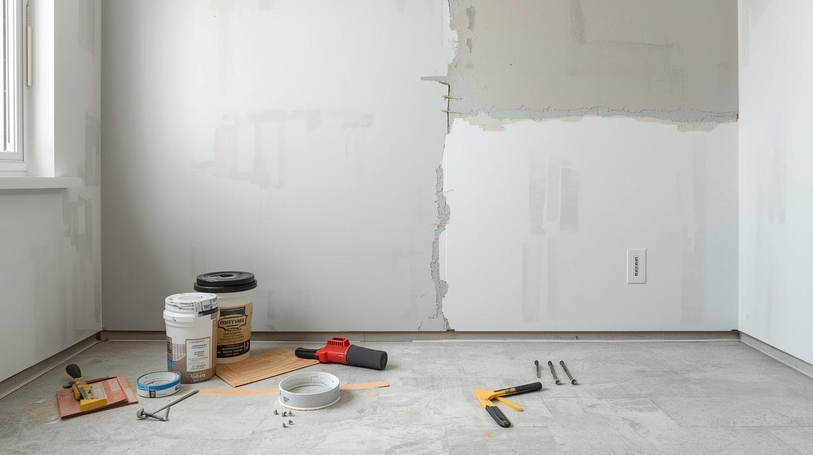 A room with the drywall being repaired