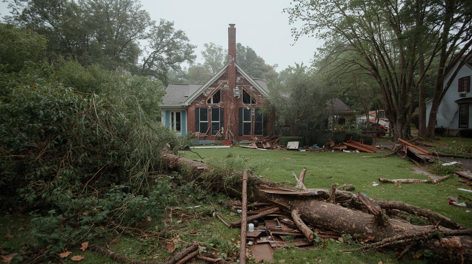 A yard full of debris after a storm