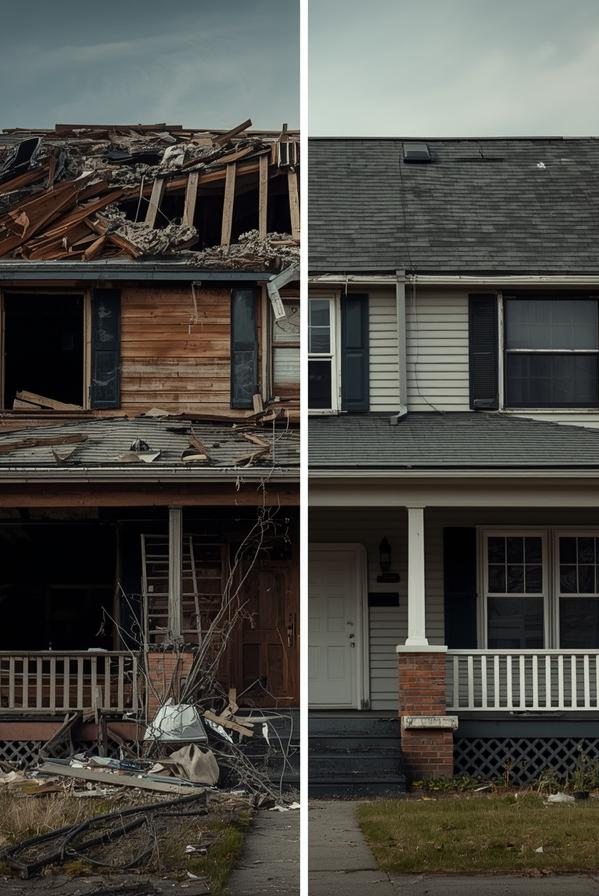 The before and after shots of a house being restored after storm damage.