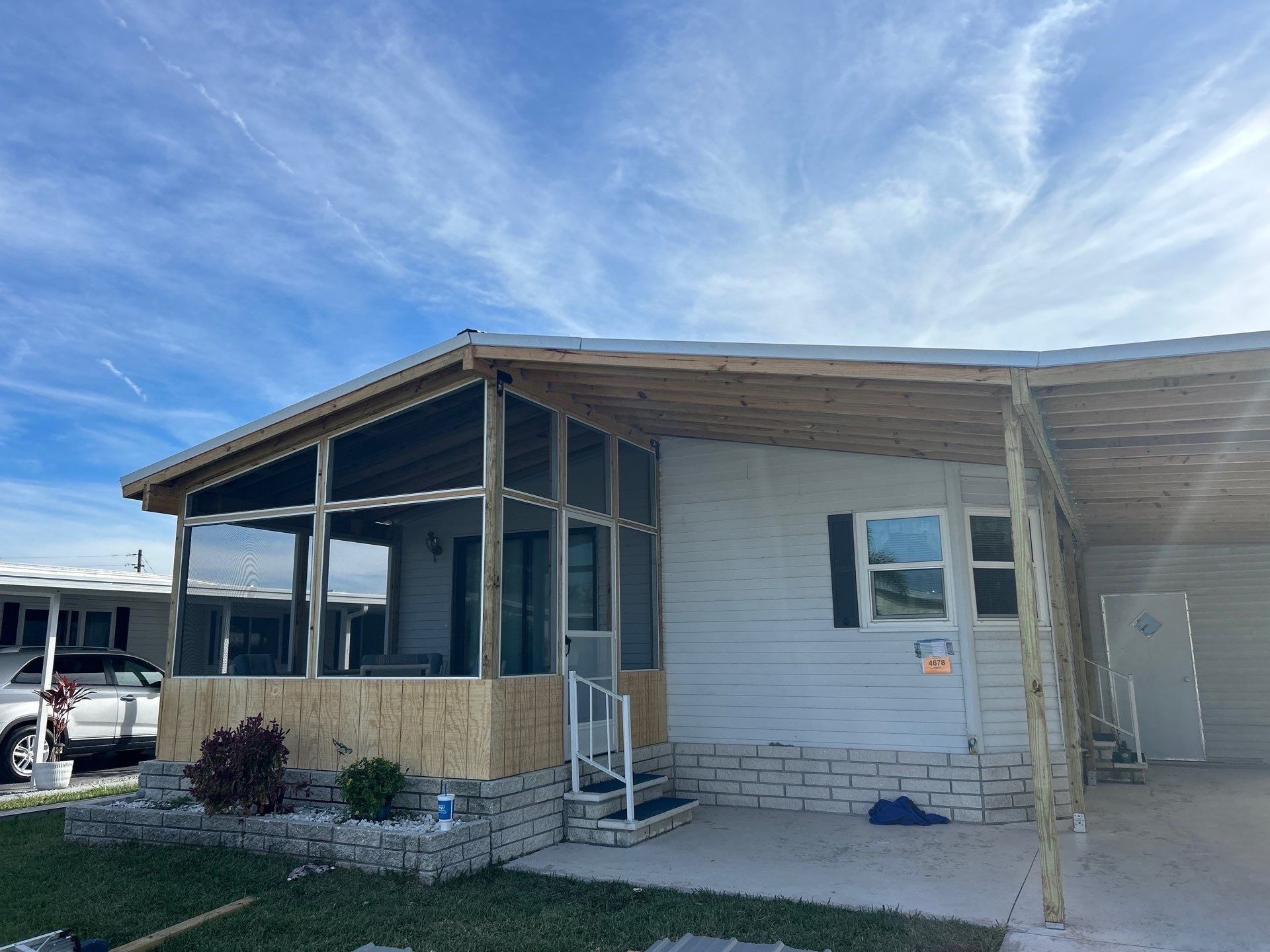 A porch after the construction and storm preparations are complete.